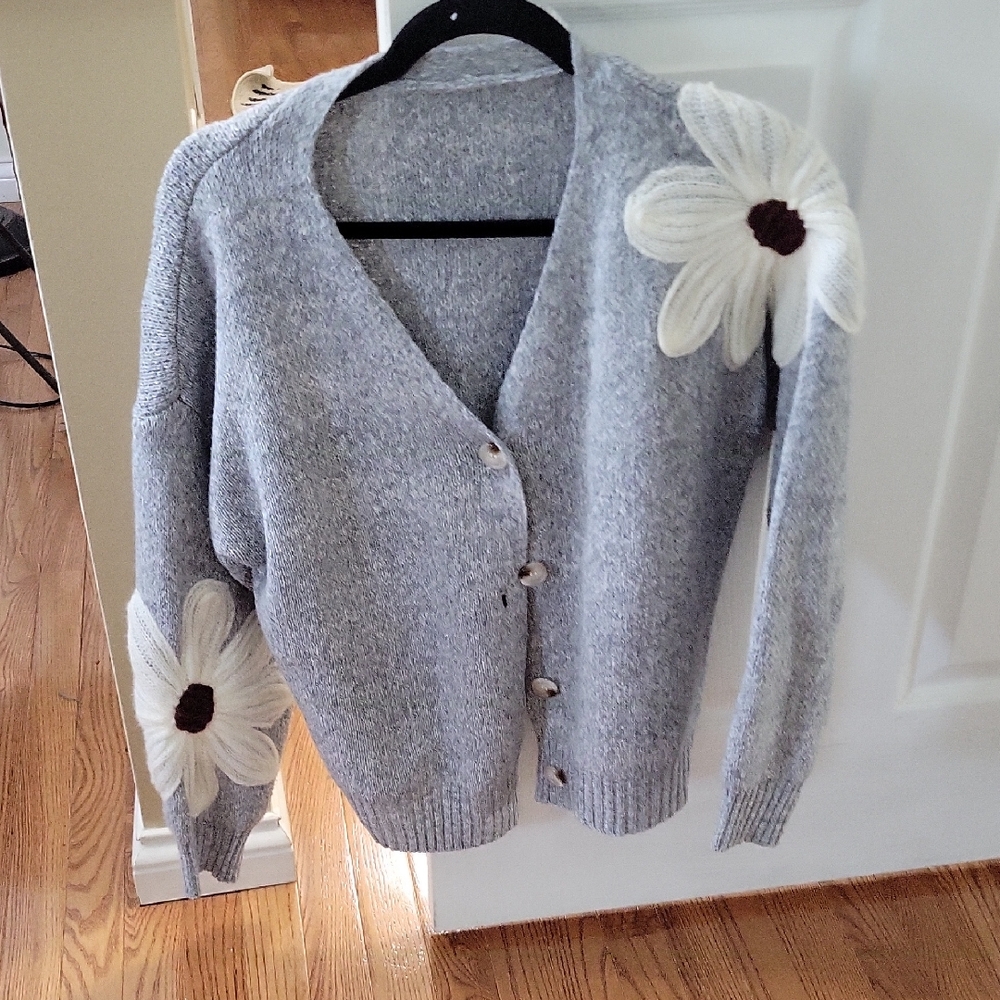 Women's Sweater, Gray With Floral On Shoulder